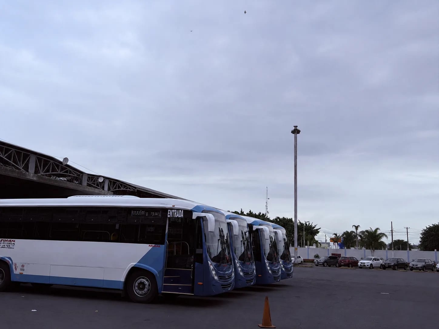 Fila de buses de Metrovía en el patio del terminal, próximos a instalar pantallas LED
