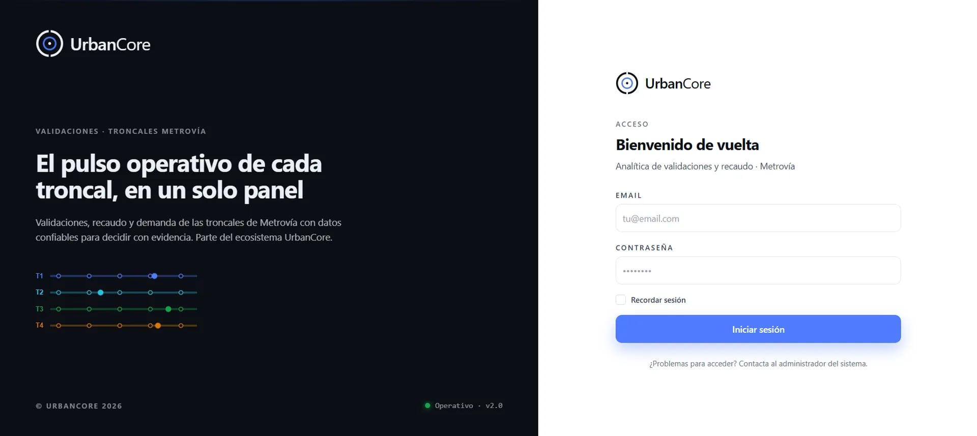 Pantalla de acceso del panel de validaciones de UrbanCore para las troncales de Metrovía